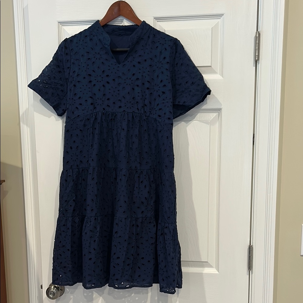 Navy Blue Eyelet Midi Dress
